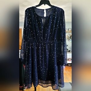 Women's Navy V Neck Vintage Gilding Metallic Shiny Star A-Line